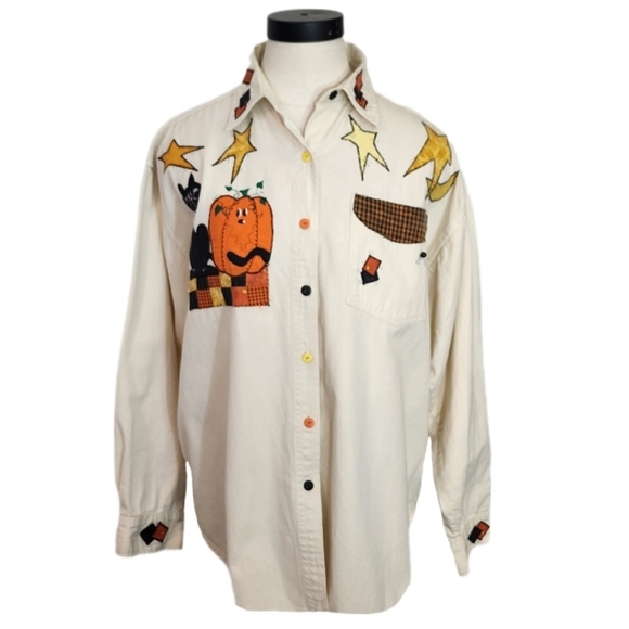 Handrafted Shirt Fall Scene 100% Cotton Button Down Long Sleeve Cream Size L - Picture 1 of 14